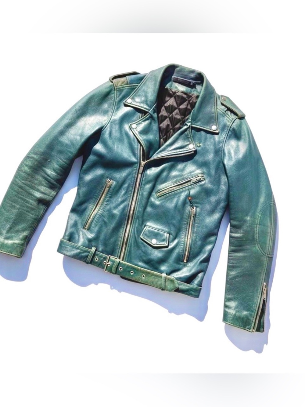 Men's Blue Leather Biker Jacket - Classic Moto Style